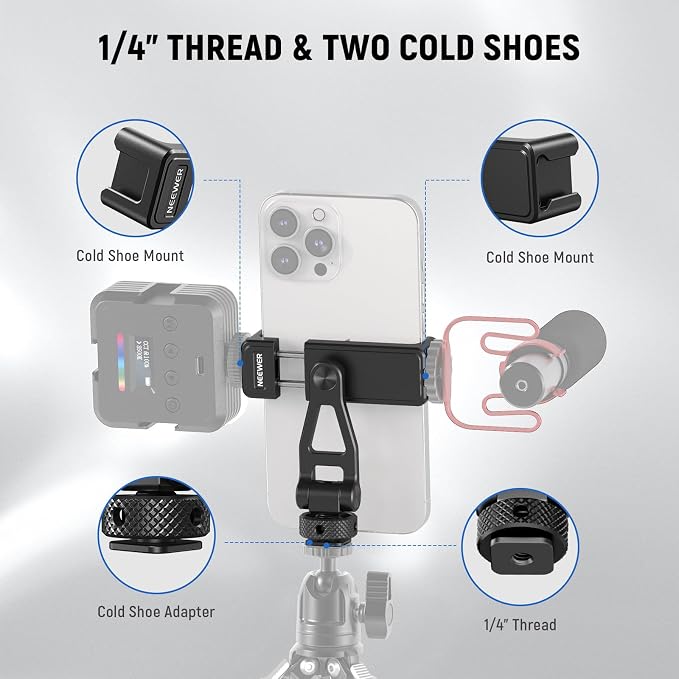 NEEWER Adjustable Phone Tripod Mount with Cold Shoe 1/4" Thread 180° Tilt 360° Rotation Cleaning Cloth Phone Clamp Holder Compatible with iPhone Samsung Android Camera Cage for Video Recording, GA010 - Image 3