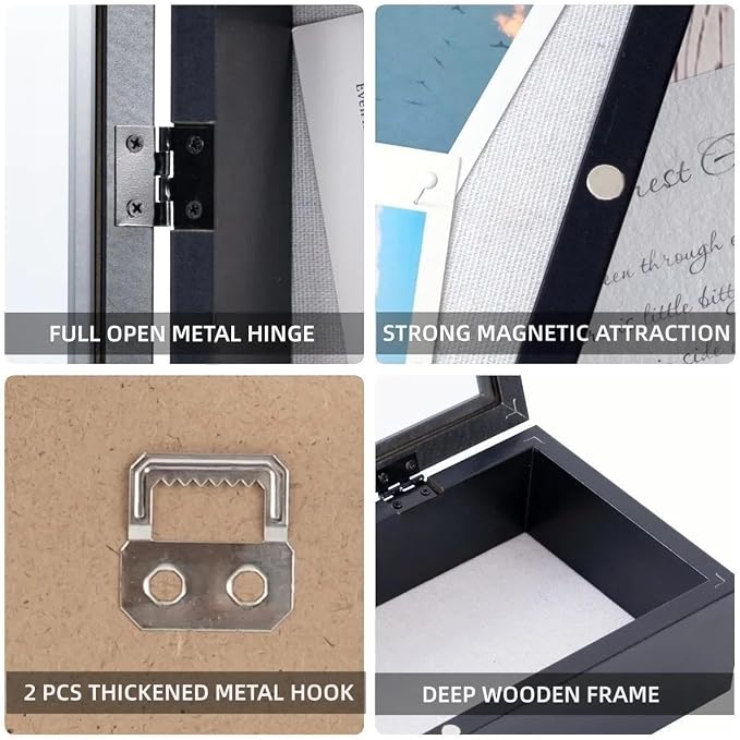 Muzilife 12.5x5 Shadow Box Wood Picture Frame, 2.16 Deep, Real Glass, Black | FSC-Wood, Magnetic Door, Linen Interior & Pins, Vertical, Horizontal Wall Hanging, Display Case Frame for Photos & Keepsakes - Image 4