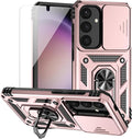 for Samsung Galaxy S24 Plus Case with Camera Lens Cover HD Screen Protector, Military-Grade Drop Tested Magnetic Ring Holder Kickstand Protective Phone Case for Samsung Galaxy S24 Plus (Rose Gold) by M+MAIKEZI