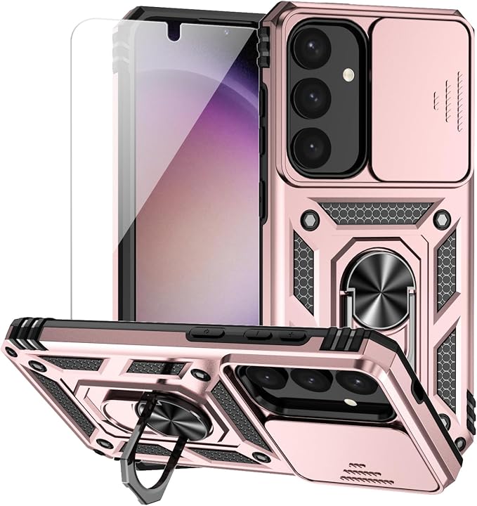 for Samsung Galaxy S24 Plus Case with Camera Lens Cover HD Screen Protector, Military-Grade Drop Tested Magnetic Ring Holder Kickstand Protective Phone Case for Samsung Galaxy S24 Plus (Rose Gold) by M+MAIKEZI