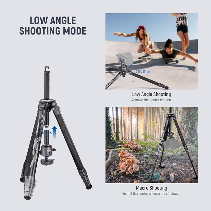NEEWER LITETRIP LT34 62" Travel Tripod Carbon Fiber with Removable 360° Panorama Head, Center Axis, Fast Flip Buckle, Arca QR Plate Compatible with PD, Max Load 22lb/10kg - Image 7