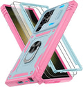 Gritup for Samsung Galaxy S23 Ultra Case with 2PCS Screen Protector, Build in 360° Rotating Ring Kickstand, Military Grade Protective Case for S23 Ultra Phone, Green+Pink by Gritup