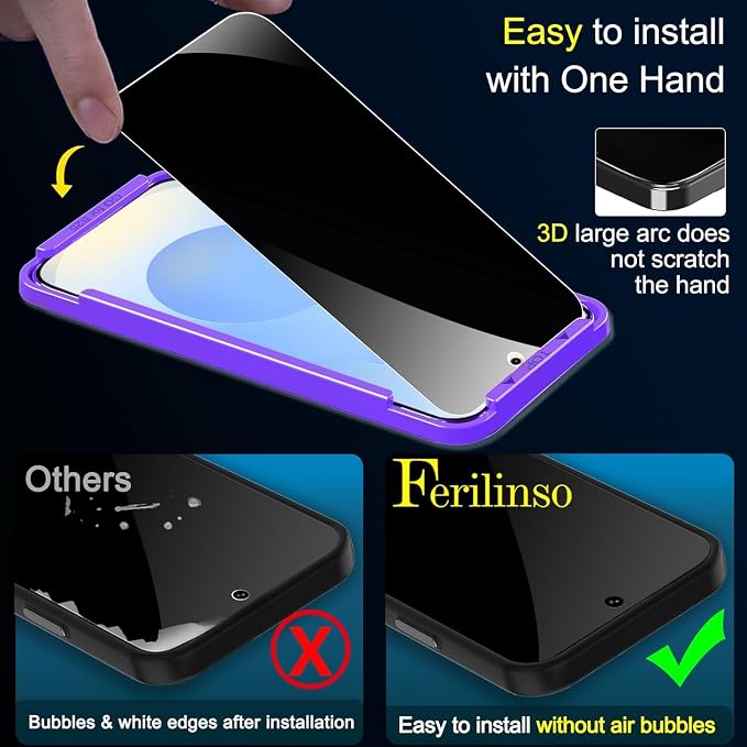 Ferilinso 3 Pack Privacy Screen Protector for Samsung Galaxy S25 Plus | 9H+ Tempered Glass, Military-Grade Shatterproof, HD, Case Friendly, Easy Installation Bubble Free, with Camera Lens Protector - Image 2
