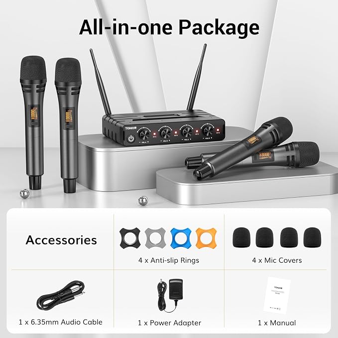 TONOR Wireless Microphones System, Handheld Microfono Inalambrico, Gray | 4x10 Channels Cordless Mics, 60 m/200FT UHF Range with Stable Signal Transmission for Karaoke Singing Party Church Wedding - Image 9