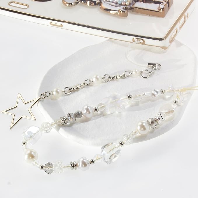 Beaded Camera Wrist Strap,Cute Phone Charm Decor,Pearl Bracelet Wrist Strap | Phone Keychain Decoration for Wallet,Durable Nylon Rope Lanyard,Compatible with all Phone Case,Silver Star - Image 2