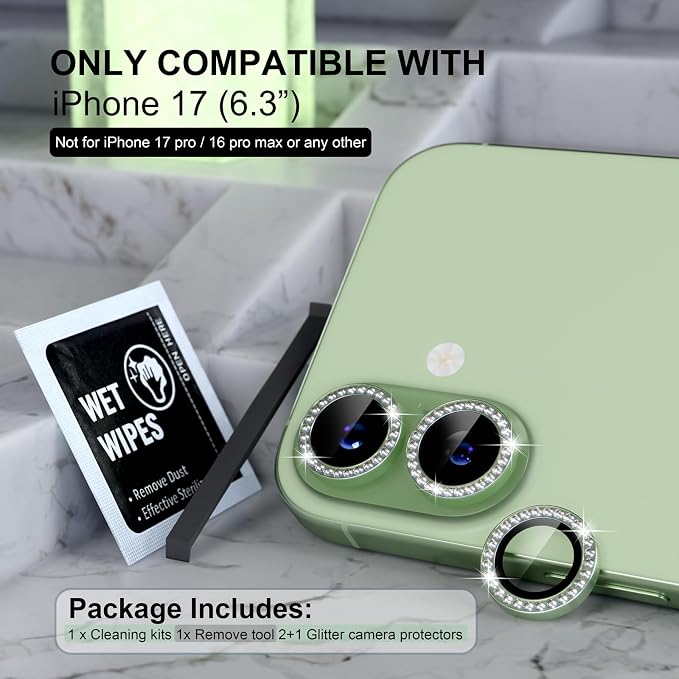 Choiche for iPhone 17 Camera Lens Protector Bling, Diamond-Green | Ultra HD, 9H Tempered Glass Camera Cover Screen Protector Metal Individual Ring Decoration Accessories, 2-Lens, 6.3-inch - Image 2
