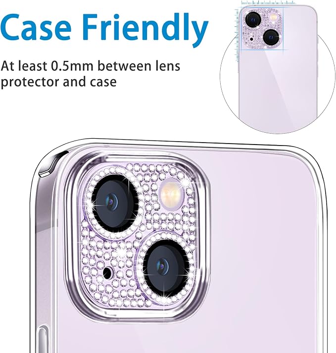 for iPhone 14 & iPhone 114 Plus Camera Lens Protector, Bling 3D Rhinestone Sparkle Diamond 9H Tempered Glass Camera Cover Anti Scratch Shockproof Metal Lens Screen Full Protective Cover, Purple - Image 3