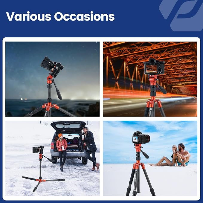 Fotopro 59" Carbon Fiber Travel Tripod, Compact Video Tripods with Fluid Head, Detachable Monopod with Arca-Swiss Quick Release Plate and Bag, Camera Tripod Load up to 8KG/17.63lbs, Orange - Image 6