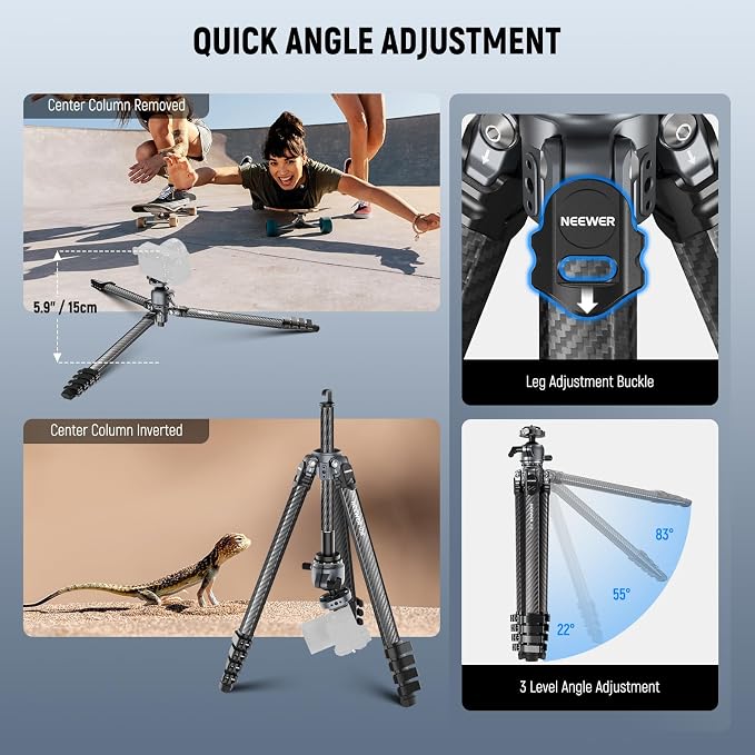 NEEWER LITETRIP LT38 61" Travel Tripod Carbon Fiber for Camera, 360° Pan Tilt Low Profile Ball Head, Flexible Center Axis, Arca QR Plate Compatible with PD, Max Load 22lb - Image 4