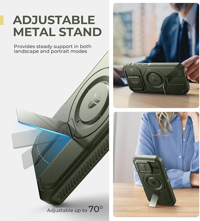 Dexnor for iPhone 15 Pro Case with Slide Camera Cover & Adjustable Kickstand, Compatible with MagSafe, Rugged Shockproof Bumper Cases Heavy-Duty Magnetic Protective Cover,6.1 inch,Army Green - Image 5