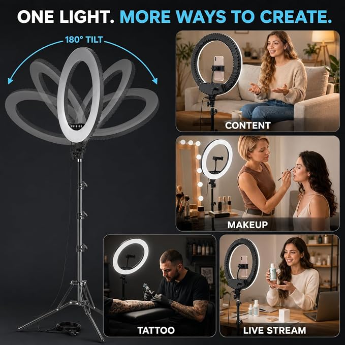 18-Inch Ring Light Kit, 55W, CRI 95, 70-Inch Tripod Stand | 3000K–6000K stepless dimming with touch and remote control for makeup, video recording, streaming and photography. - Image 6