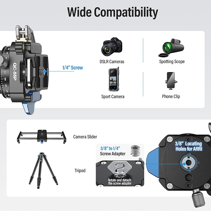 SIRUI 55mm Quick Release Plate with 360° Rotating Panoramic Head, Camera Mount Adapter with 1/4" and 3/8" Thread, Quick-Release Attach Plate for Tripod Monopod DSLR Stabilizer, QC-55P - Image 7