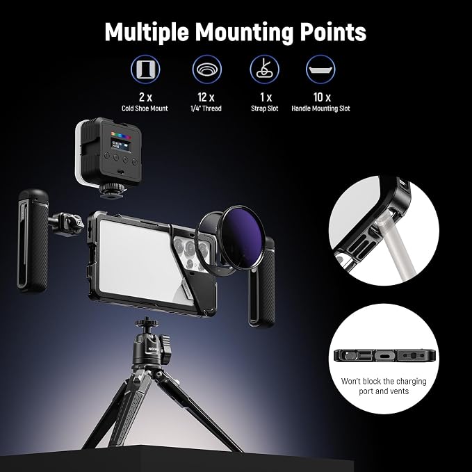 NEEWER PA082 S25 Ultra Phone Cage Holder for Recording Filming with 2X Handle, 67mm Filter Adapter, 17mm Lens Backplate, T Mount Adapter, Video Rig Stabilizer Compatible with Samsung Galaxy S25 Ultra - Image 5