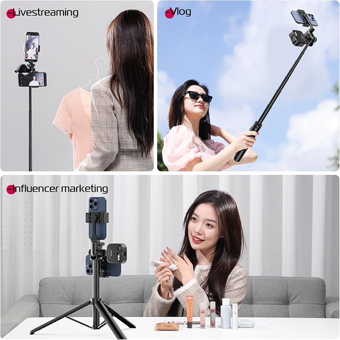 ULANZI MT-70 Extendable Tripod, 63" Selfie Stick Vlog Stand w 2 Phone Clips | 360° Rotate, Two Clips as Teleprompter, Cold Shoe, Camera Holder Extendable Tripod for iPhone Pocket 4 Luna Nano - Image 9