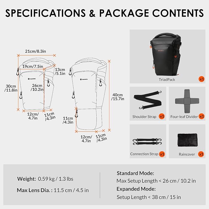 TARION Expandable Top Loader Camera Bag with Shoulder Strap TriadPack | Fits DSLR with Attached 70-200mm to 400mm Telephoto Lens, Large Opening, Backpack and Waist Strap Compatible, Waterproof - Image 8
