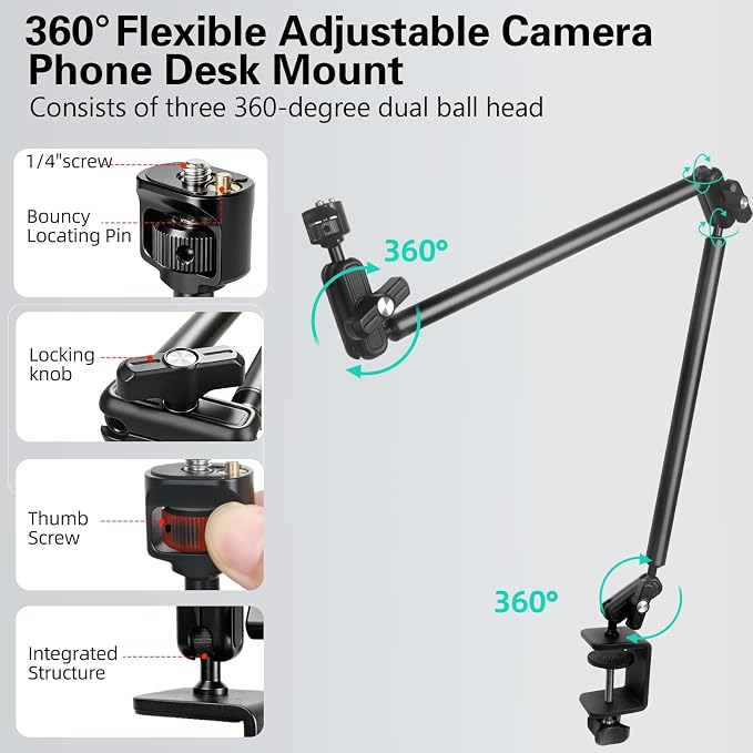 Desktop Clamp Magic Arm 33.84" Kit for Phone,DSRL Two-Stage Adjustable Flexible Arm, Overhead Camera Mount, Desk Phone Mount for Webcam, Action Camera, Mic,Video Light - Image 3