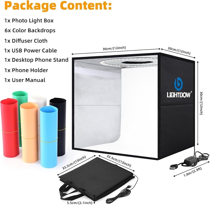 Lightdow 12"x12"x12" Photo Studio Light Box Photography with Desktop Tripod & 120 LEDs (CRI>95), 6 Backdrops - Portable/Dimmable Folding Shooting Tents for Toys/Jewelry/Watches/Cosmetics - Image 2