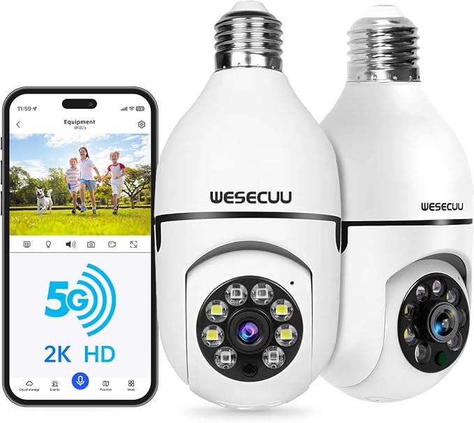 WESECUU Light Bulb Security Camera -5G& 2.4GHz WiFi 2K Security Cameras Wireless Outdoor Motion Detection and Alarm,Two-Way Talk,Color Night Vision,Human Detection, Bulb Camera Compatible with Alexa by WESECUU