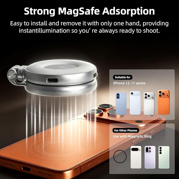 AFAITH C03 Magnetic Selfie Light, LED Phone Ring Light for iPhone MagSafe | 2700K-7500K CRI 97+, 3 Color Modes, Built-in Mirror, 360° Rotatable, Extendable, for Selfies Video Recording Makeup Vlog - Image 5