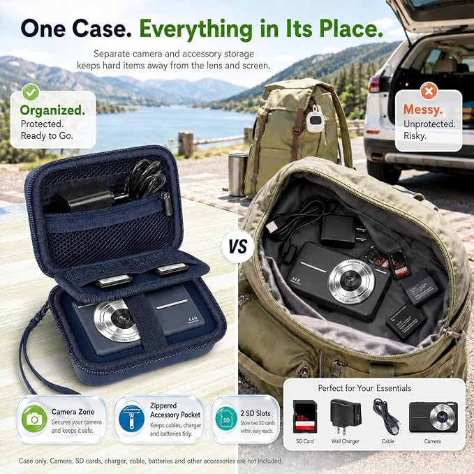 Comecase Camera Case for Kodak PIXPRO FZ55/FZ45, 2 SD Card Slots, Dark Blue | Hard EVA Shell, Padded Divider and 2 SD Card Slots Organize a Compact Camera, Charger and Cable for Travel, Case Only - Image 6