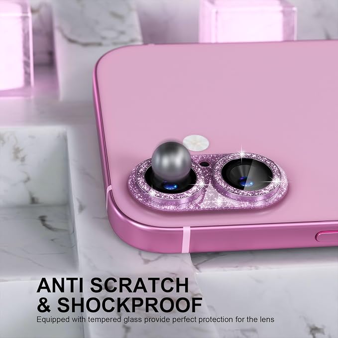 Choiche for iPhone 16 /iPhone 16 Plus Camera Lens Protector, Glitter-Pink | Bling Metal Camera Cover with 9H Tempered Glass Lens Screen Protector Accessories, Strong Adsorption, Case-Friendly - Image 3