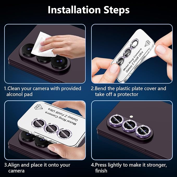 for Samsung Galaxy Z Fold 8 Ultra Camera Lens Protector, Individual Metal Ring Tempered Glass Lens Cover, [Strong Adsorption] Scratch Resistant Ultra-Thin HD Clear Lens Cover, 1 Set-Violet Diamond - Image 7