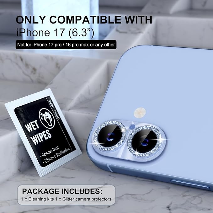 Choiche for iPhone 17 Camera Lens Protector, Light-Mist Blue | Bling Metal Camera Cover with 9H Tempered Glass Lens Screen Protector Accessories, Strong Adsorption, Case-Friendly - Image 2