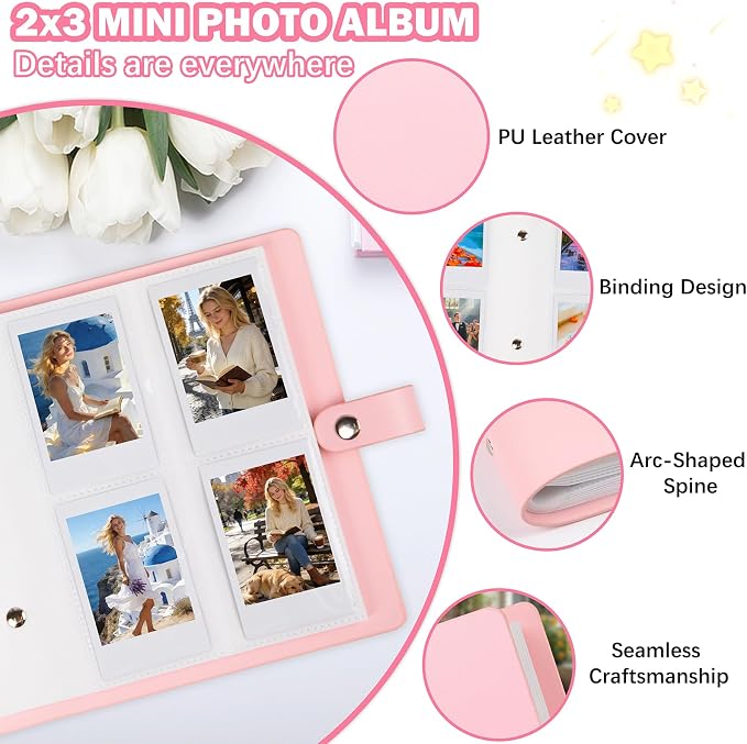 Ruibytree 320 Pockets Album for Instax Mini & Polaroid 2x3" Pictures, Pink | Gift-Ready Packaging, PU Leather Cover, Acid-Free Pages, Side-Loading Clear Pockets, Durable Binding, Easy Photo Viewing - Image 3