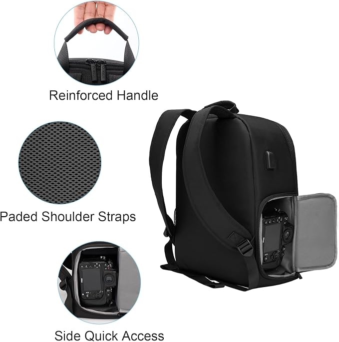 CADeN Camera Backpack Bag with Laptop Compartment 15.6" for DSLR/SLR Mirrorless Camera Waterproof, Camera Case Compatible for Sony Canon Nikon Camera and Lens Tripod Accessories Black - Image 7