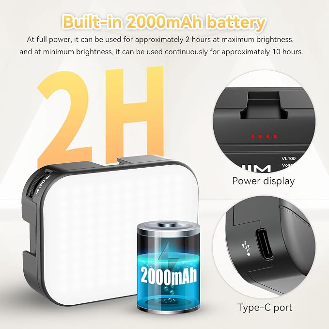 VIJIM VL100C 2 Pack Bi-Color on-Camera LED Video Light, 4 Cold Shoes CRI95 | with Dual Cold Shoe Mount Adapter, Mini Ball Head, Rechargeable 2000mAh Battery, Dimmable 2500-6500K, for DSLR Tripod Shoot - Image 4