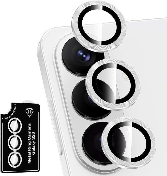 for Samsung Galaxy S26 Camera Lens Protector, Individual Metal Ring Tempered Glass Lens Cover, [Strong Adsorption] Scratch Resistant Ultra-Thin HD Clear Lens Cover, 1 Set-Silvery by Btscase