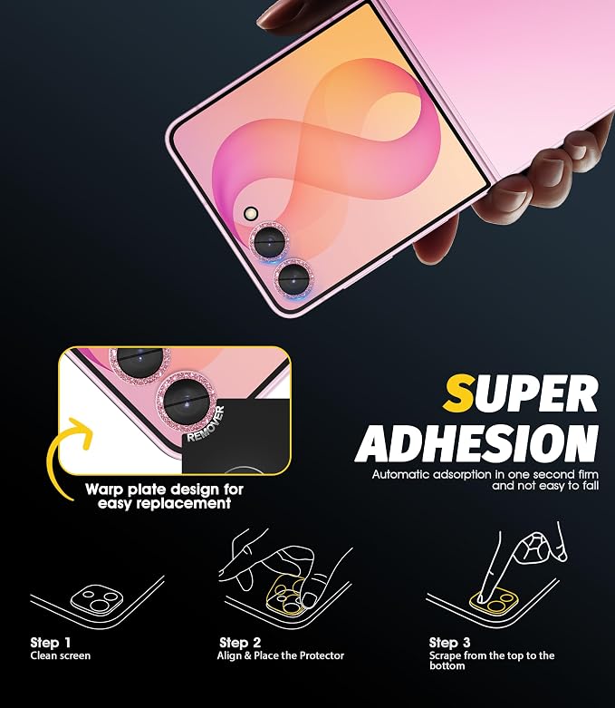 Orzero (2 Sets) Camera Lens Protector for Samsung Galaxy Z Flip 8/Flip 7, [EZ Install] [Case-Friendly] 9H Tempered Glass Bling Lens Cover Accessories, Military-Grade Shockproof, HD Clarity Anti-Glare - Glitter Pink - Image 7