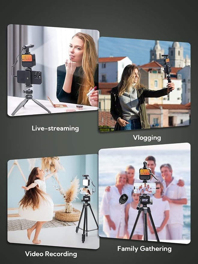 Content Creator Essentials w/Camera Tripod,Light & Mic Vlog K4 | Vlogging Kit for iPhone & Android,w/ Shotgun Microphone,59" Camera Mount Tripod,LED Light,Ball Head Mount for Video Recording - Image 7