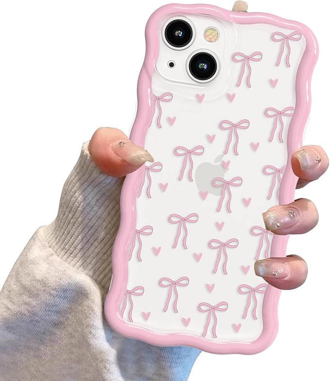 QLTYPRI for iPhone 15 Pink Bow Case, Clear Cute Pink Ribbon Bow Phone Case Curly Wavy Aesthetic Phone Cover, Soft Slim Transparent TPU Shockproof Protective Cover for Women Girls - Love Bow - Image 7
