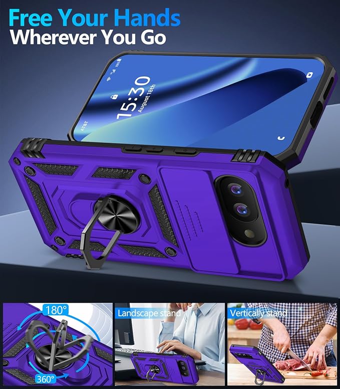 Taisairu for Google Pixel 10A Case with Screen Protector & Slide Camera Lens Cover,Built-in 360°Rotate Magnetic Ring Stand Shockproof Protective Phone Case for Google Pixel 10A Case (Purple) - Image 3