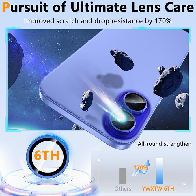 YWXTW for iPhone 16/iPhone 16 Plus Camera Lens Protector, Individual Anti Scratch Metal Ring Tempered Glass Camera Screen Protector for iPhone 16 Accessories, Case Friendly (Ultramarine) - Image 3
