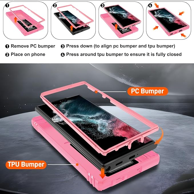 Gritup for Galaxy S22 Ultra Case Military-Grade Shockproof with Kickstand | with 2 PCS Screen Protector, Slide Camera Cover, Heavy Duty Outdoor Protection Funda para Samsung S22 Ultra Cover, Pink - Image 4