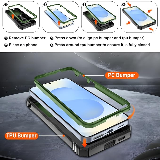 Gritup Fit for Samsung Galaxy S25 Case with Screen Protector*2, Build in 360° Rotating Ring Kickstand, Military Grade Protective Cover for S25 Phone, Green+Black - Image 4