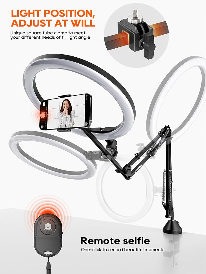 Upgrade Ring Light Overhead Phone Mount, 12”Circle LED Desk Ring Light with Clamp for Video Recording,Flexible Articulating Phone Arm Stand Compatible with iPhone,Live Streaming YouTube Tiktok - Image 5