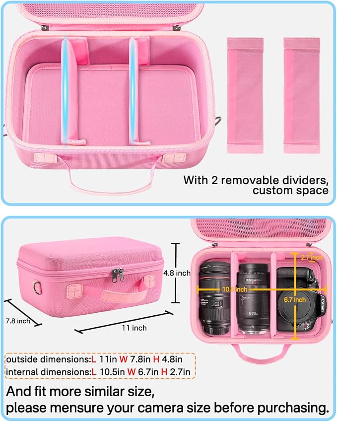 RAIACE Hard Carrying Case Compatible with Canon EOS Rebel T7/ T100/ T6/ R100/ R50/ R5/ R7/ R8, for Sony, for Nikon Camera. Large Capacity Camera Bag for Lens, Cables, Cards and Accessories. - Pink - Image 3