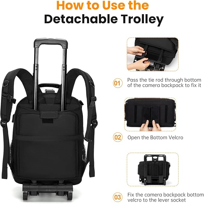 Cwatcun Camera Trolley Bag, Rolling DSLR Case with Removable Cart | Fits 2 DSLRbodies+3-5lenses+flash+15.6"laptop+tripod. 900D nylon, padded dividers, carry-on friendly, for city adventures. - Image 5