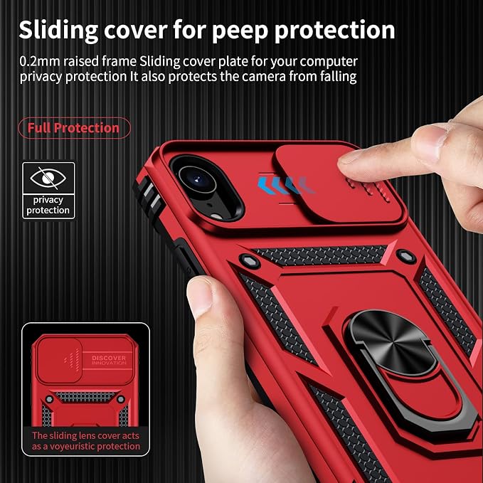 for iPhone XR Case with Camera Lens Cover, HD Screen Protector, 10 FT Military Grade Drop Protection, Magnetic Ring Holder Kickstand Protective Phone Case, Red - Image 3