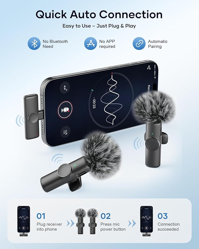 Wireless Microphone for iPhone iPad and Android Phone, 2 Pack Wireless Lavalier Lapel Mic with Noise Reduction, Plug and Play Mini Microphone for Video Recording Interview Podcast YouTube TikTok Vlog - Image 2