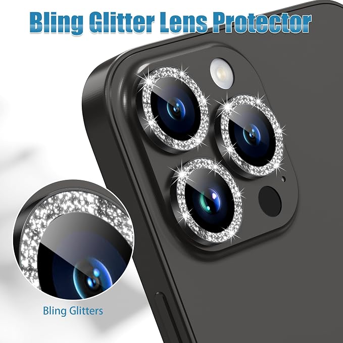 AGVEE 3+3 6 Pack for iPhone 15 Pro & Max Camera Lens Protector Cover | Individual Bling Diamond & Bling Glitter Sparkle Cute Gem Metal Ring, 9H Tempered HD Glass - Image 5