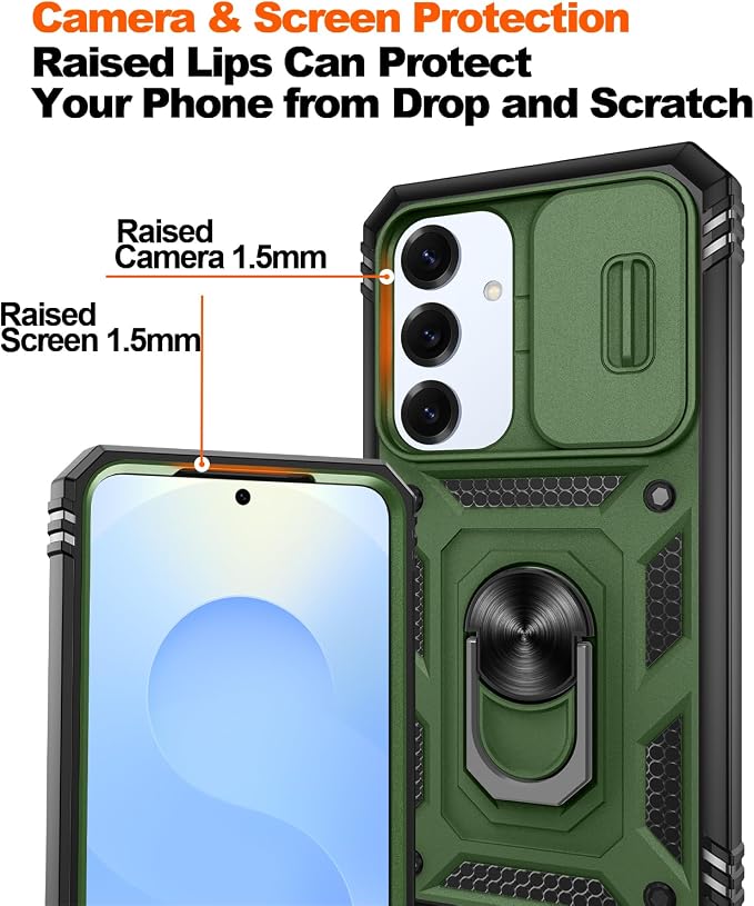 Fit for Samsung Galaxy S25 Plus Phone Case with Slide Camera Cover | 2 Pack Screen Protector, Build in 360° Rotating Ring Kickstand, Military Grade Shockproof Protective Phone Case, Green+Black - Image 4