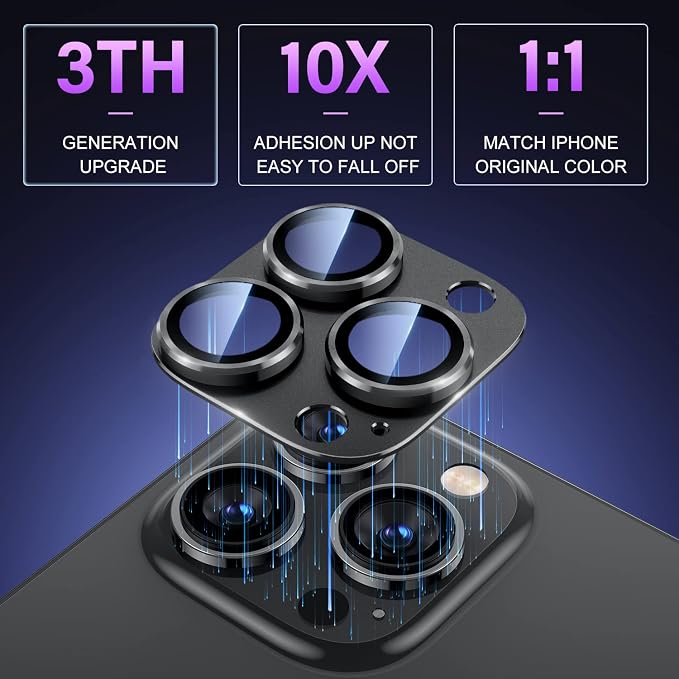 Uyiton for iPhone 14 Pro/iPhone 14 Pro Max Camera Lens Protector | Case-Friendly, Not Easy to Break, Military-Grade Sapphire Glass with Aluminum Metal Rear Camera Screen Cover, Black - Image 2