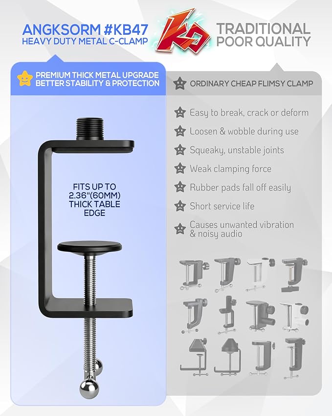 KB47 Table Microphone Clamp Mount, 5/8-27 Male and 3/8-16 Female Threads | Heavy-Duty 2-Pack Desk Mic Stand Base for Boom Arms and Goosenecks, Fits Thick Desks up to 2.36 in, Includes 4 Thread Adapter - Image 3