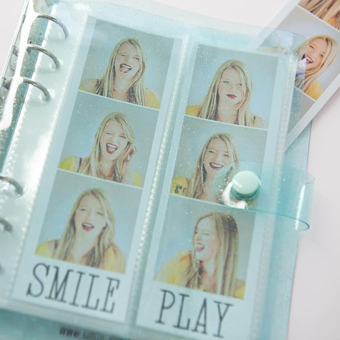 Photo Album For 2X6 Photo Booth Slip In Strips And 4X6 Pictures - 6 Ring Notebook Binder With 20 2 By 6 Sleeves - Fits 80 Photobooth Prints (SEAFOAM SPARKLE, 2X6) by SMILEWAVE