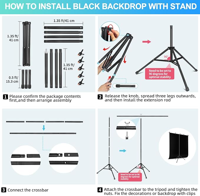 Black Backdrop Background with Stand for Photoshoot, 5x6.5ft Black Photo Backdrop Curtain Cloth with Background Support Stand, 5 Spring Clamps& Carrying Bag for Party Photography Video Studio - Image 7