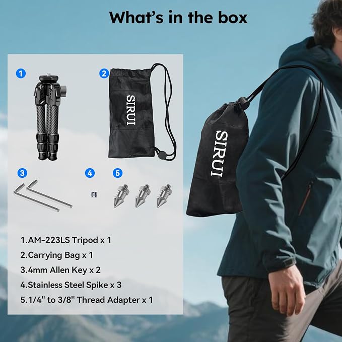 SIRUI AM-223LS Carbon Fiber Mini Tripod, Bowl Base, ±15° Tilt | 33LB Load, 1.63LB Weight, 8.82" Folded, 360° Pan, Camera, Phone, Vlogging, Compact Travel - Image 8